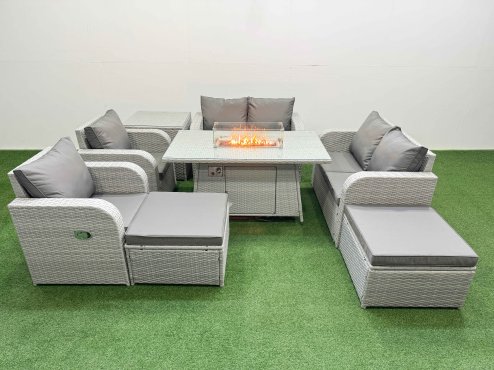 Fimous 8 Seater Outdoor Reclining Chair Love Sofa Set Rattan Garden Furniture Set with Firepit Dining Table 2 Big FootStools Side Table Light Grey
