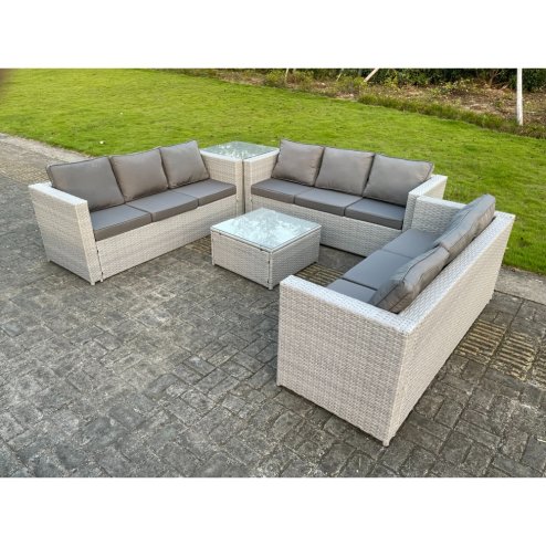 Fimous Light Grey Lounge Outdoor PE Rattan Garden Furniture Set PE Wicker Sofa Set Square Coffee Table Side Table 6 Seater