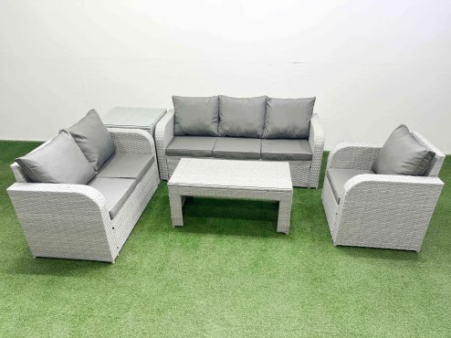 Fimous Patio PE Wicker 6 Seater Outdoor Rattan Furniture Sofa Sets with Oblong Coffee Table Reclining Chair Loveseat Sofa 3 Seater Sofa Side Table Light Grey