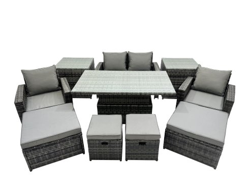 Fimous Outdoor Love Sofa Set 8 Seat Rattan Garden Furniture Set with Adjustable Lifting Dining or Coffee Table 4 Stools 2 Side Table Dark Grey Mixed