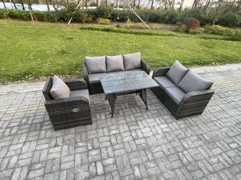 Fimous Outdoor Rattan Garden Furniture Set 7 Seater Patio Lounge Sofa Set with Dining Table Dark Grey Mixed
