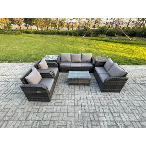 Fimous 7 Seater Rattan Wicker Garden Furniture Patio Conservatory Sofa Set with Rectangular Coffee Table 3 Seater Sofa Love Sofa 2 Side Tables