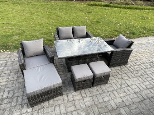 Fimous Outdoor Garden Dining Sets 7 Seater Rattan Patio Furniture Sofa Set with Rising Lifting Table 3 Footstools Dark Grey Mixed