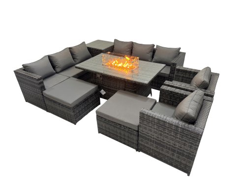 Fimous 10 Seater Garden Outdoor Rattan Furniture Set Patio Corner Sofa Gas Firepit Dining Table with Side Table 2 Big Stools Dark Grey