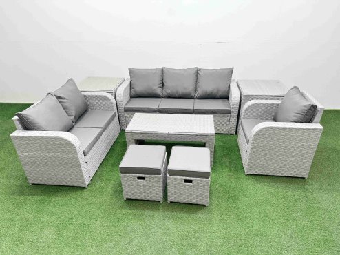 Fimous Patio PE Wicker 8 Seater Outdoor Rattan Furniture Sofa Sets with Oblong Coffee Table Reclining Chair Loveseat Sofa 3 Seater Sofa Stool 2 Side Table Light Grey