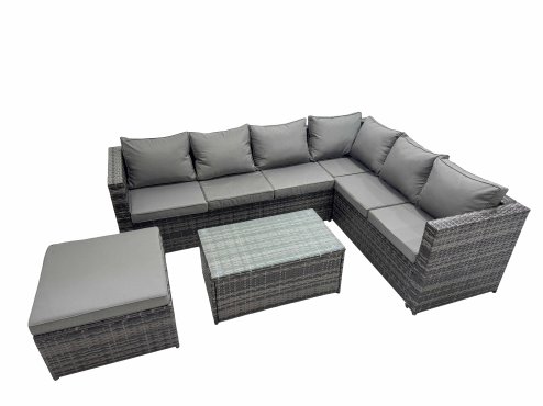 Fimous Outdoor PE Rattan Garden Furniture Sofa Set with Oblong Coffee Table Big Stool Dark Grey