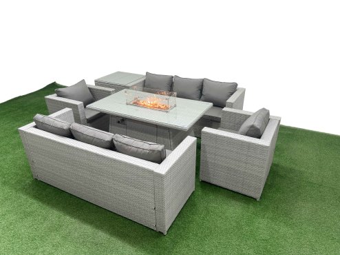Fimous 8 Seat PE Rattan Lounge Sofa Set Outdoor Garden Furniture Set with Firepit Dining Table 3 Seater Sofa Side Table Light Grey