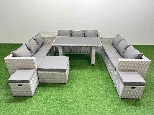 Fimous Patio Outdoor Garden Furniture Sets with Black Glass Top Dining Table 3 Seater Sofa Side Table 3 Stool Light Grey