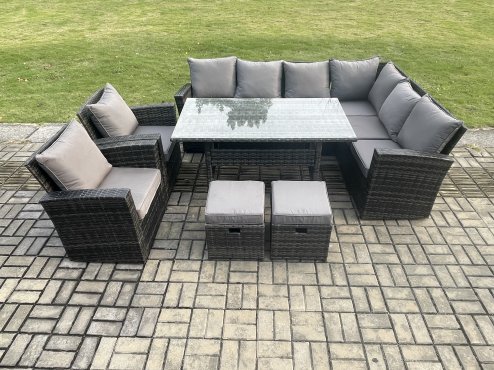 Fimous 10 Seater Garden Rattan Furniture Corner Sofa Dining Table Chairs with 2 Small Footstools Indoor Outdoor Lounge Sofa Set