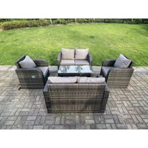 Fimous 6 Seater Dark Grey PE Wicker Rattan Garden Furniture Set Reclining Chair 2 Seater Love Sofa Set Outdoor Rectangular Coffee Table