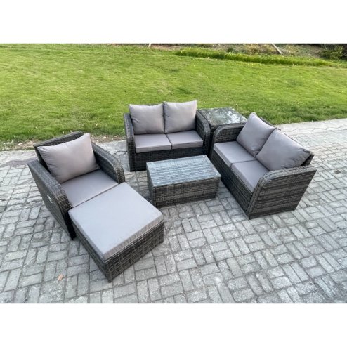 Fimous High Back Rattan Garden Furniture Set with Loveseat Sofa Rectangular Coffee Table Big Footstool Side Table Indoor Outdoor Patio Lounge Sofa Set Dark Grey Mixed