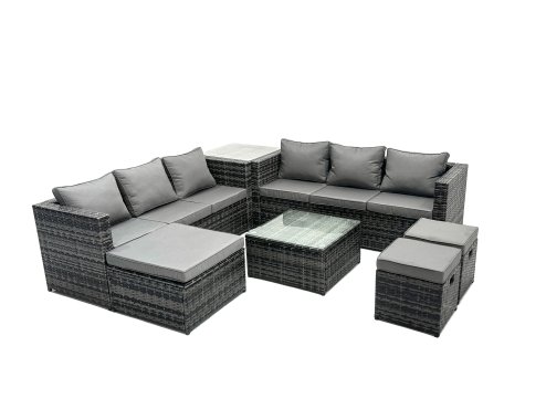 Fimous Outdoor Rattan Garden Furniture Set 9 Seater Patio Lounge Sofa Set with Square Coffee Table Side Table 3 Footstools Dark Grey Mixed