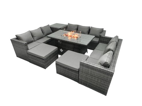 Fimous Rattan Garden Furniture Firepit Set Outdoor 11 Seater Patio Dining Sets with Glass Top Dining Table Side Tables