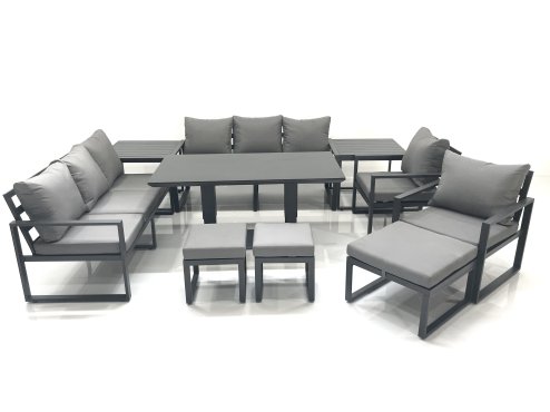 Fimous Garden Sofa Set Aluminium Furniture Rising Dining Tabe Set with 2 Chair 3 Footstools 2 Side Tables Dark Grey
