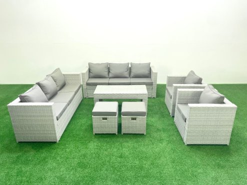 Fimous Outdoor Garden Furniture Rattan Sofa Set with 2 Armchairs Oblong Coffee Table 2 Small Footstools Light Grey Mixed