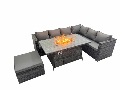 Fimous Garden Rattan Furniture Set 7 Seater Outdoor Corner Sofa Gas Firepit Dining Table Set with Big Stool Dark Grey