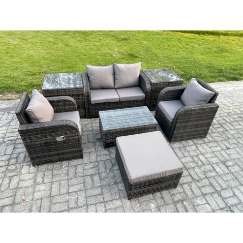 Fimous Wicker PE Rattan Outdoor Furniture Set Garden Love Sofa Coffee Table 2 Armchair 2 Side Tables Big Footstool Dark Grey Mixed