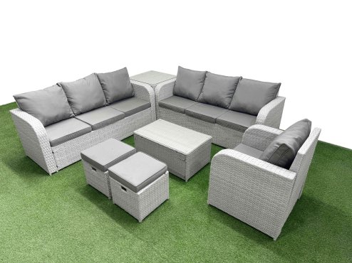 Fimous 9 Seater Poly Rattan Outdoor Garden Furniture Sofa Set Patio 3 Seater Sofa Reclining Chair 3 Seater Sofa Stools Side Table Light Grey