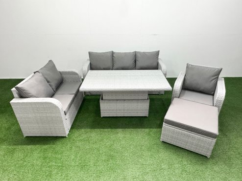 Fimous Patio PE Wicker 7 Seater Outdoor Rattan Furniture Sofa Sets with Adjustable Lifting Dining or Coffee Table Reclining Chair Loveseat Sofa 3 Seater Sofa Big Footstool Light Grey
