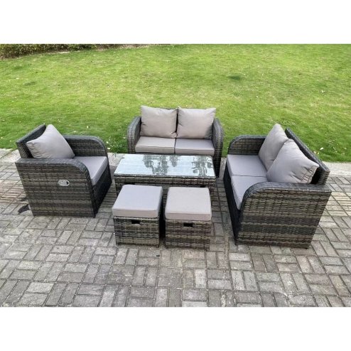 Fimous 7 Seater Dark Grey PE Wicker Rattan Garden Furniture Set Reclining Chair Love Sofa 2 Seater Sofa Set Outdoor Oblong Coffee Table Stools High Back