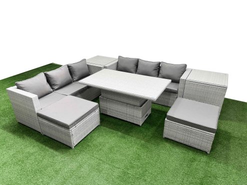 Fimous 7 PCs Rising Dining Table Set Rattan Furniture Set with 3 Seater Sofa 2 Big Footstools 2 Side Tables Light Grey