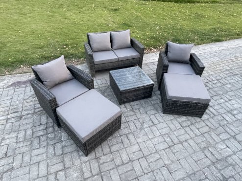 Fimous 6 Seater Rattan Outdoor Garden Furniture Sofa Set Table & Chairs with 2 Big Footstool Dark Grey Mixed