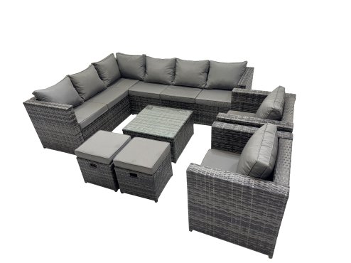 Fimous Rattan Garden Furniture Patio Furniture Sets with Corner Sofa Square Coffee Table 2 Small Footstools Dark Grey Mixed