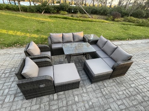 Fimous Outdoor Lounge Sofa Set Wicker PE Rattan Garden Furniture Set with Rectangular Dining Table Side Table 2 Big Footstool Dark Grey Mixed