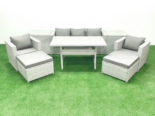 Fimous Garden Dining Set Outdoor Rattan Furniture Set with Sofa Dining Table 2 Chairs 2 Big Footstools 2 Side Tables Light Grey Mixed