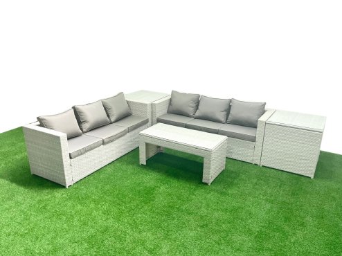 Fimous 6 Seater Garden Outdoor Rattan Furniture Set Rattan Garden Sofa Oblong Coffee Table with 2 Side Tables Light Grey Mixed