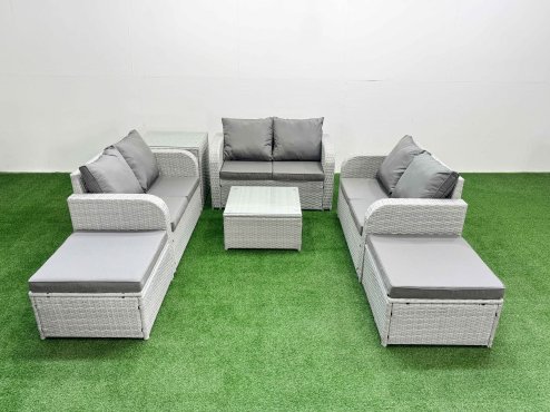 Fimous 8 Seater PE Wicker Rattan Furniture Sofa Sets with Square Coffee Table 2 Seater Love Sofa 2 Big Footstool Side Table Light Grey