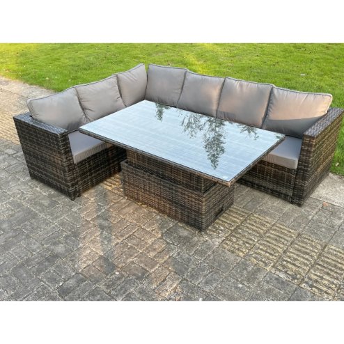 Fimous 6 Seater PE Rattan Corner Sofa Set Rising Adjustable Dining Table Set With Seat And Back Cushion