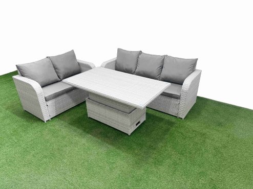 Fimous 5 Seater PE Rattan Wicker Garden Furniture Patio Conservatory Sofa Set with Adjustable Lifting Dining or Coffee Table 3 Seater Sofa Love Sofa