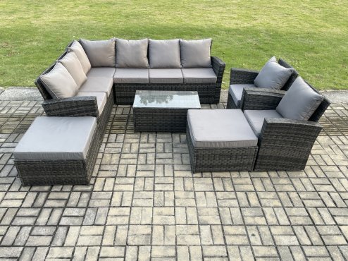 Fimous 10 Seater High Back Outdoor Garden Furniture Set Rattan Corner Sofa Set With Rectangular Coffee Table 2 Big Footstool 2 Armchairs Dark Grey Mixed