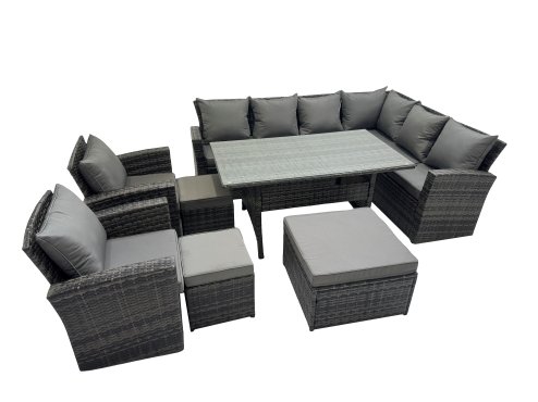 Fimous Rattan Garden Furniture Set Outdoor 11 Seater Patio Dining Corner Sofa Sets with Dining Table Chair Dark Grey Mixed
