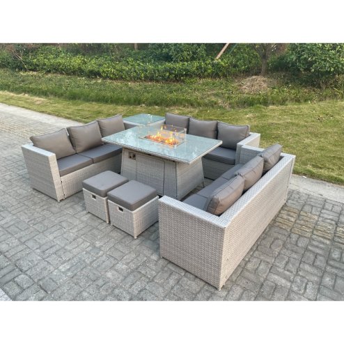 Fimous Light Grey U Shape Lounge Sofa Dining Set With Gas Heater Firepit Burner Dining Table Side Coffee Tea Table Big Stools