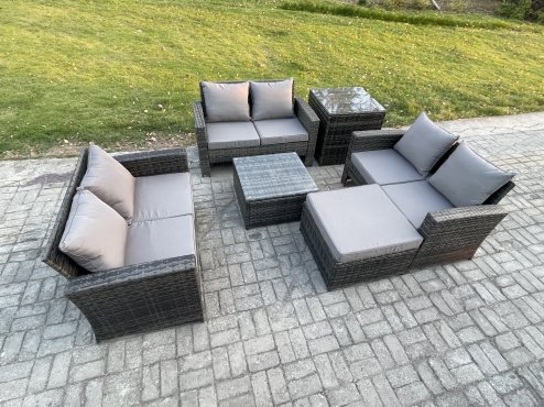 Fimous 7 Seater Rattan Wicker Garden Furniture Patio Conservatory Sofa Set with Square Coffee Table Double Seat Sofa Big Footstool Side Table