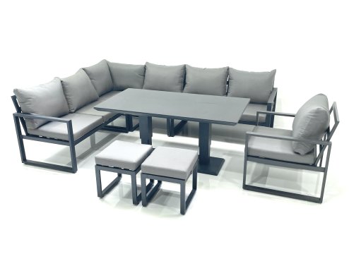 Fimous Aluminum Outdoor Garden Furniture Set Corner Sofa Chair 2 Small Footstool Adjustable Rising Lifting Dining Table Sets Dark Grey