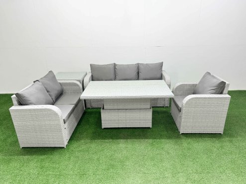 Fimous Patio PE Wicker 6 Seater Outdoor Rattan Furniture Sofa Sets with Adjustable Lifting Dining or Coffee Table Reclining Chair Loveseat Sofa 3 Seater Sofa Side Table Light Grey