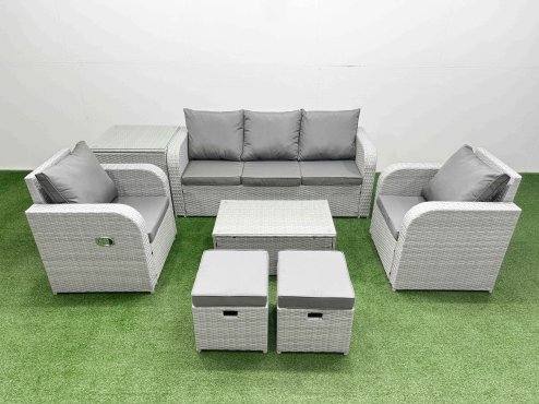 Fimous PE Rattan Garden Furniture Set Reclining Chair Sofa Lounge Sofa Set Oblong Coffee Table Side Table 2 Small Stools Light Grey