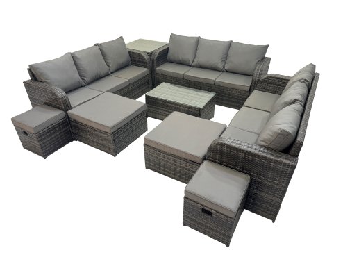 Fimous Outdoor 3 Seater Sofa Coffee Table Set Garden Rattan Furniture Set 13 Seater with Side Table 4 Stools Dark Grey