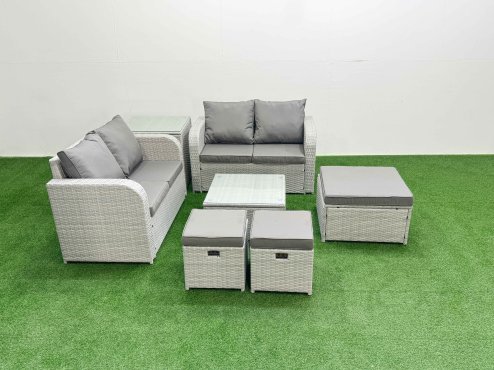 Fimous 7 Seater Outdoor Love Sofa Set Rattan Garden Furniture Set with Square Coffee Table 3 Footstool Side Table Light Grey