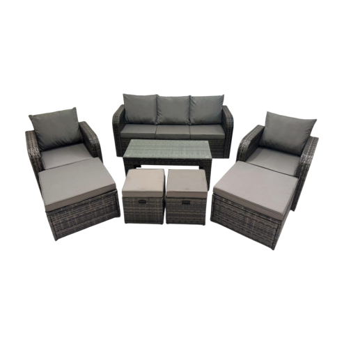 Fimous Rattan Garden Outdoor Furniture Set 3 Seater Sofa Reclining Chair Coffee Table with 4 Footstools