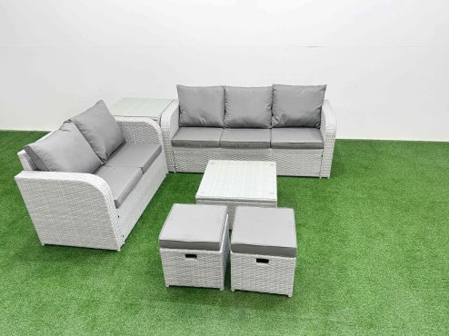 Fimous 7 Seater PE Rattan Wicker Garden Furniture Patio Conservatory Sofa Set with Square Coffee Table 3 Seater Sofa Love Sofa 2 Stools Side Table