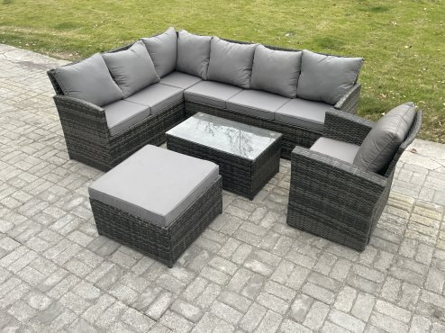 Fimous 8 Seater Rattan Lounge Corner Sofa Set Wicker PE Outdoor Garden Furniture Set with Coffee Table Big Footstool Armchair Dark Grey Mixed