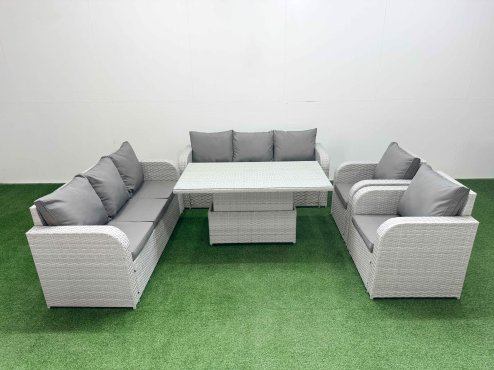 Fimous PE Rattan High Back Lounge Sofa Set Patio Adjustable Lifting Dining or Coffee Table & Chairs Set with 3 Seater Sofa Reclining Chair Light Grey