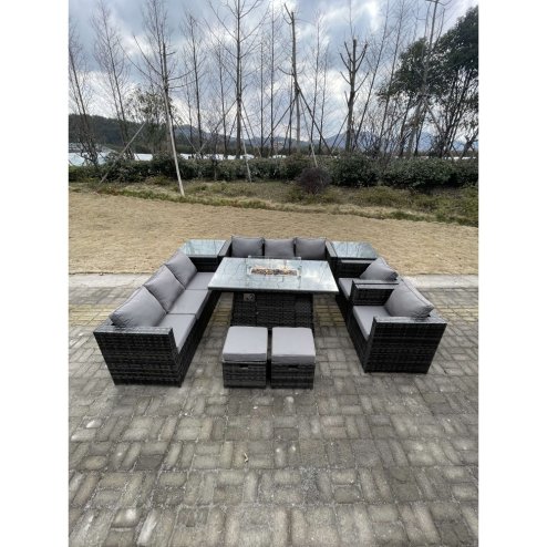 Fimous 10 Seater?Outdoor Lounge Rattan Sofa Set Garden Furniture Gas Firepit Set Heater Dining Table With Chair and 2 Coffee Table Dark Grey Mixed