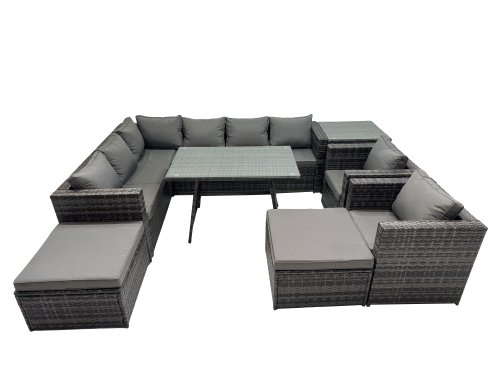 Fimous 10-seater Outdoor PE Rattan Sofa Set with Dining Table Patio Garden Furniture Sets with 2 Chair 2 Big Stools Side Table Dark Grey Mixed