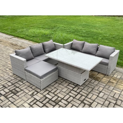 Fimous Outdoor Rattan Garden Funiture Set Height Adjustable Rising Lifting Table Sofa Dining Set with Big Footstool