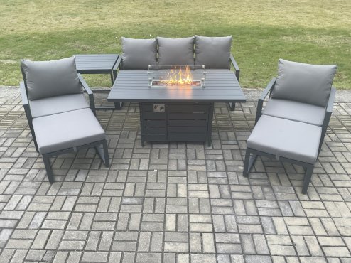 Fimous Aluminium Patio Outdoor Garden Furniture Lounge Sofa Set Gas Fire Pit Dining Table with Side Table 2 Big Footstools Dark Grey